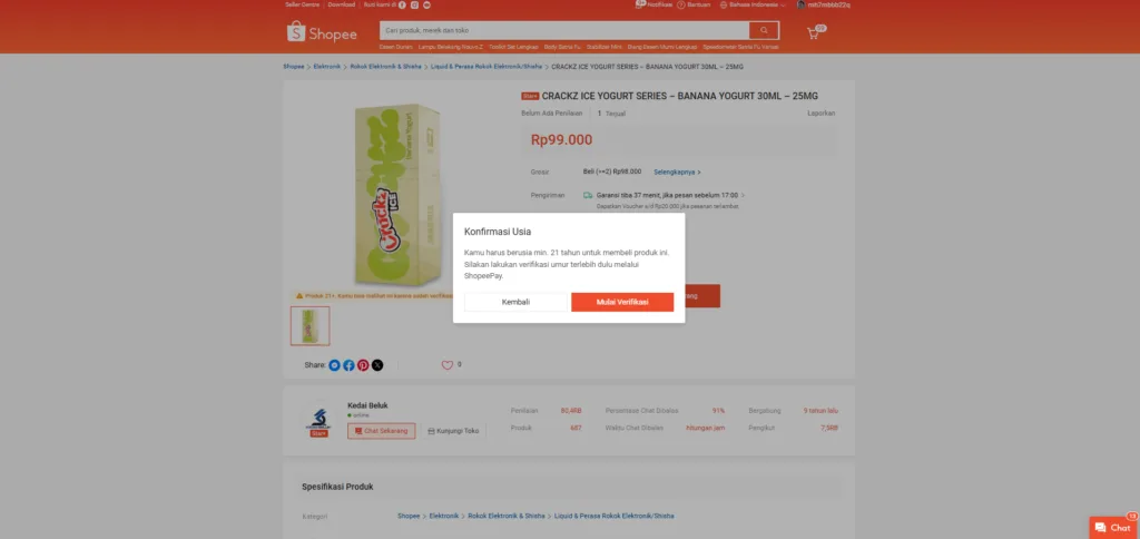 verifikasi usia untuk membuka produk liquid 21+ di shopee